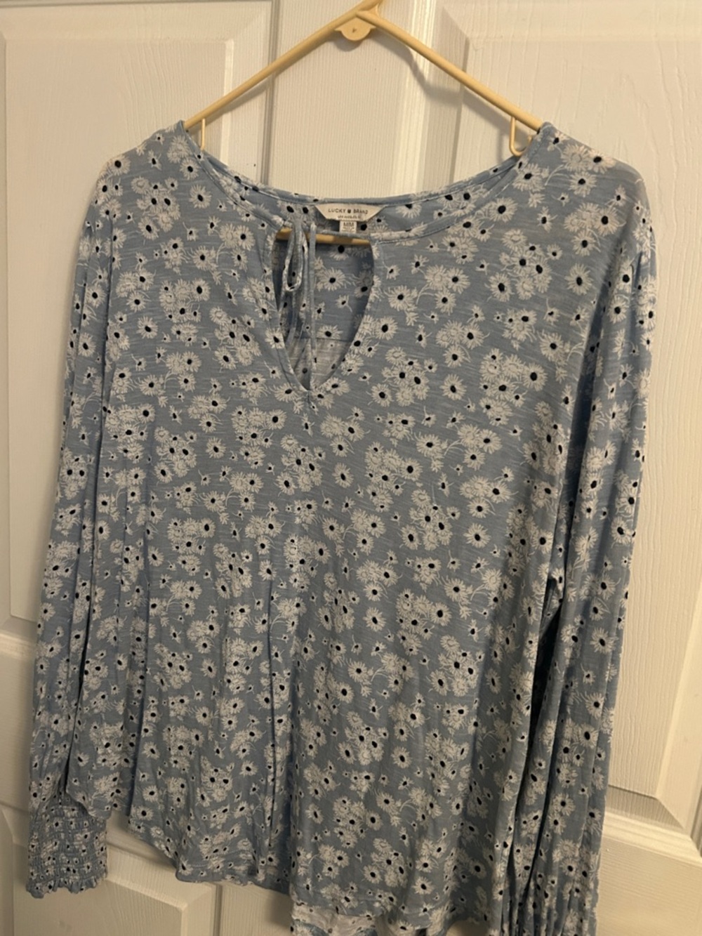Lucky Brand Pale Blue Floral Long-Sleeve Tie-Neck Top